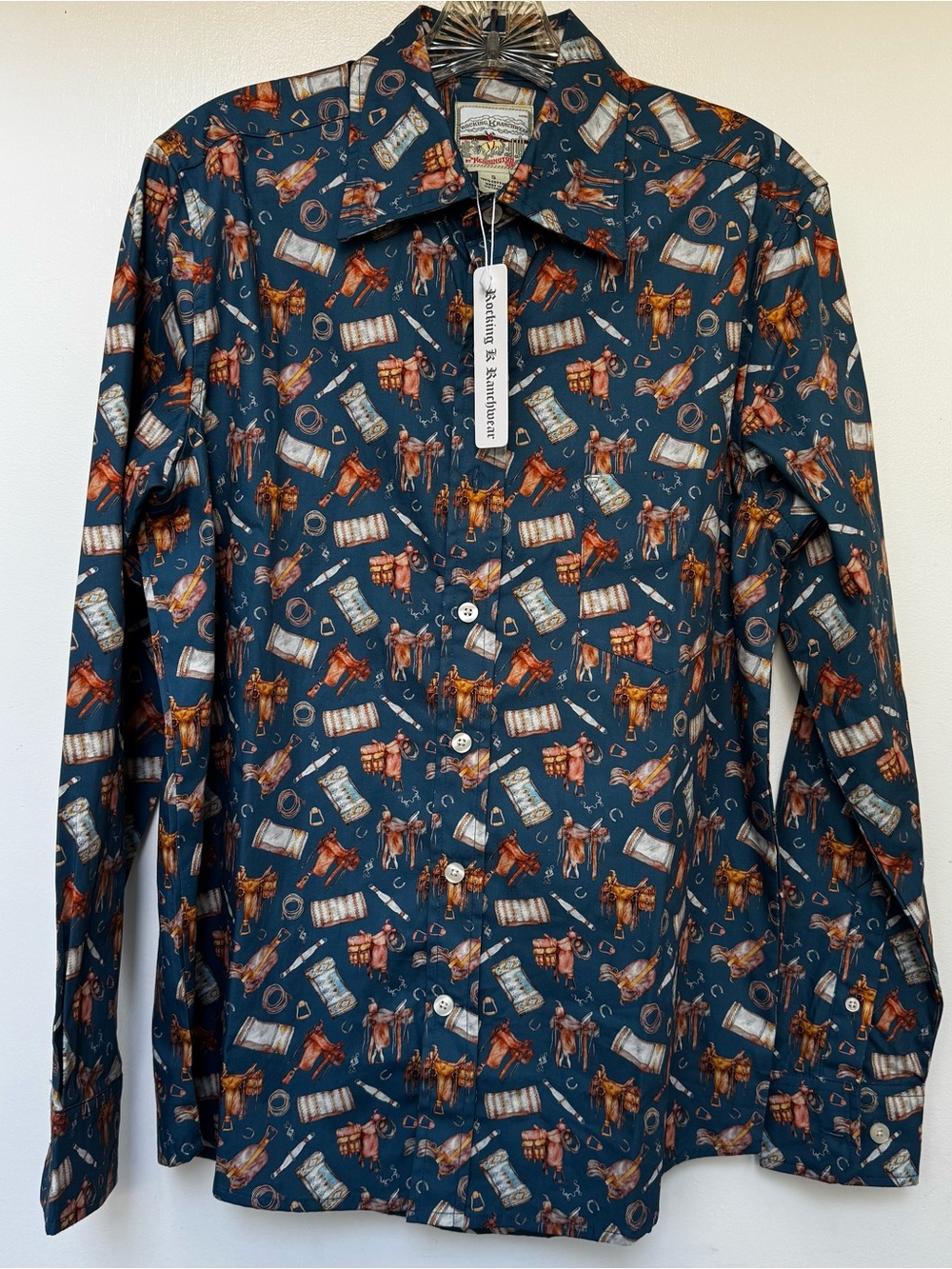 Men's Blue Western Print Button-Up Shirt